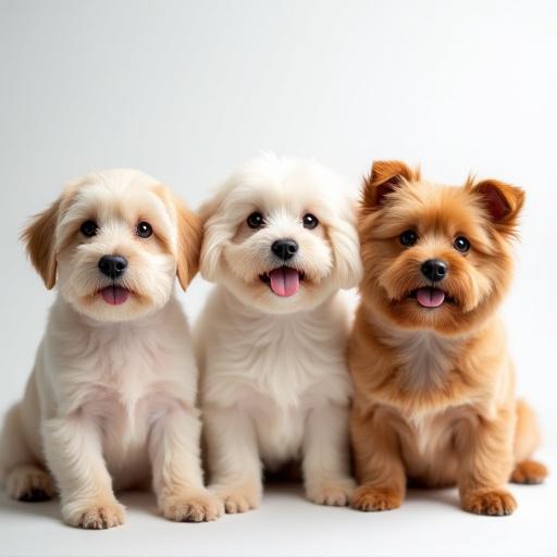A group of three different, beautifully groomed dogs posing together after their spa day, looking pampered.