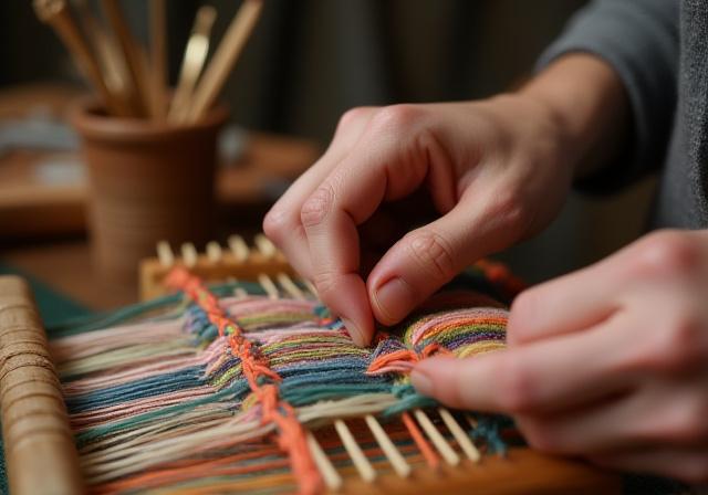 Close-up of hands weaving a colorful dog collar on a small loom.